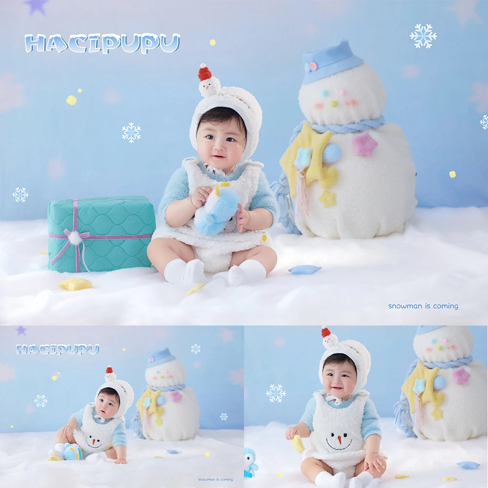 3-4 Month Baby Photography Outfit Hat+bodysuit Set Fluffy Snowman Costume for Baby Studio Winter Snow Scene Theme Photo Clothes