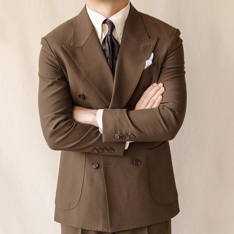 British Style Men Blazers Casual Business Double Breasted Casual Suit Jacket Wedding Dress Coat Social Banquet Tuxedo Costume