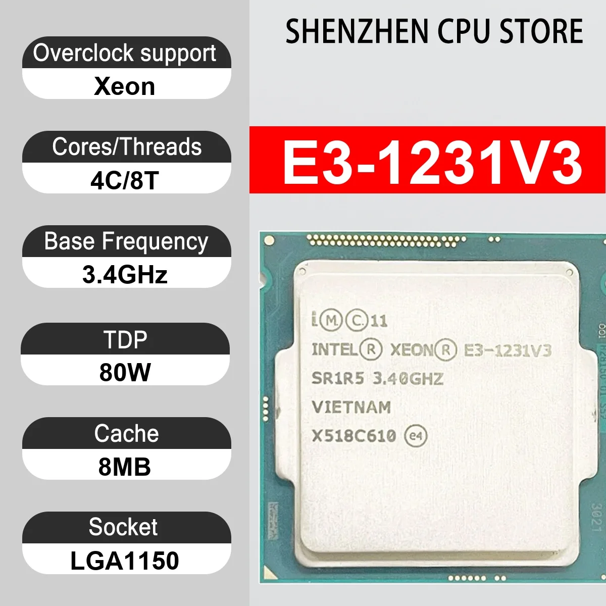 Intel Xeon E3-1231V3 4 Core 8 Thread 3.4GHz 80W 8MB Cache 22nm LGA 1150 SR1R3 DDR3 1333/1600 MHz Haswell