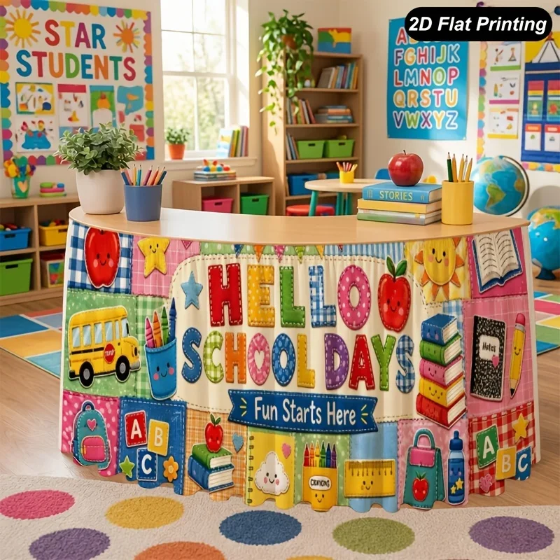 One classroom-themed tablecloth. Colorful 