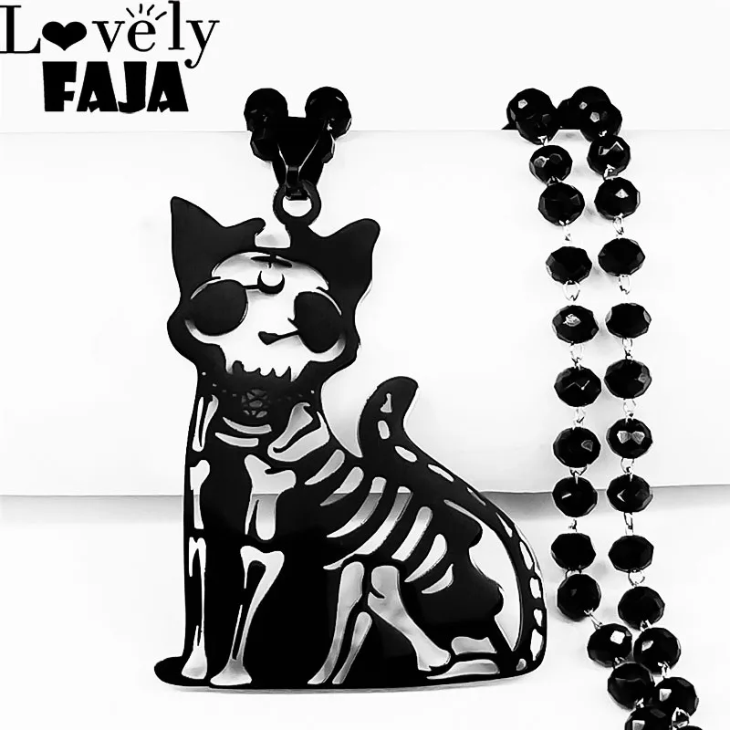 

2022 Witch Moon Cat Skull Necklace Stainless Steel Women Black Color Kitten Skeleton Necklace Goth Jewelry cadenas mujer N4417S0