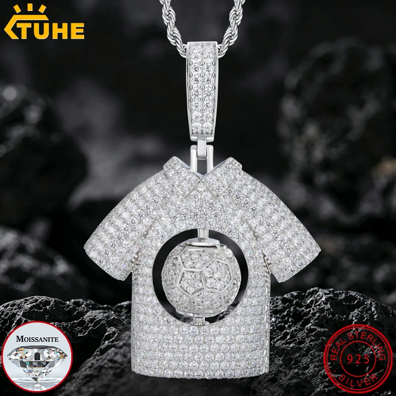Collar con Colgante de Jersey de Fútbol con Incrustaciones de Moissanita, Plata de Ley S925, Colgante Giratorio, Joyería Hip-Hop Unisex para Fanáticos, Regalos