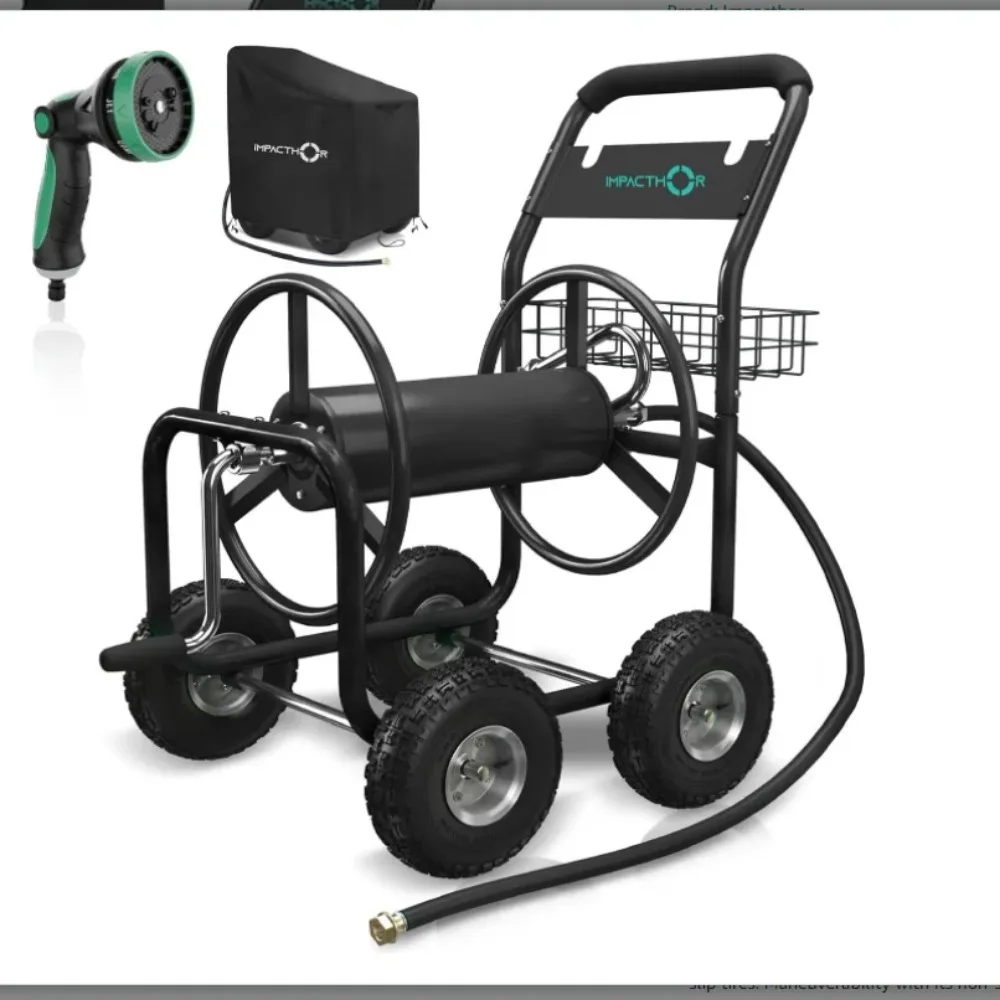 

Garden Hose Reel Cart - 4 Wheels Heavy Duty Hose Cart, Nozzle & Waterproof Cover Cart Included - Holds up to 250 Feet 5/8 Inch