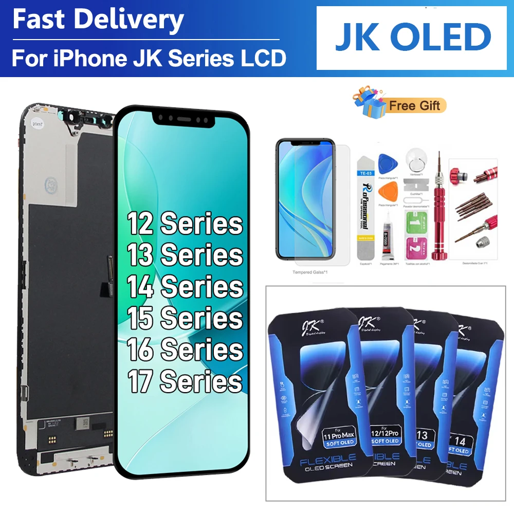 JK SOFT OLED Screen LCD For iPhone XS 11 12 13 14 15 16 17 Plus Pro Max LCD Display Touch Screen Digitizer Assembly Replacement