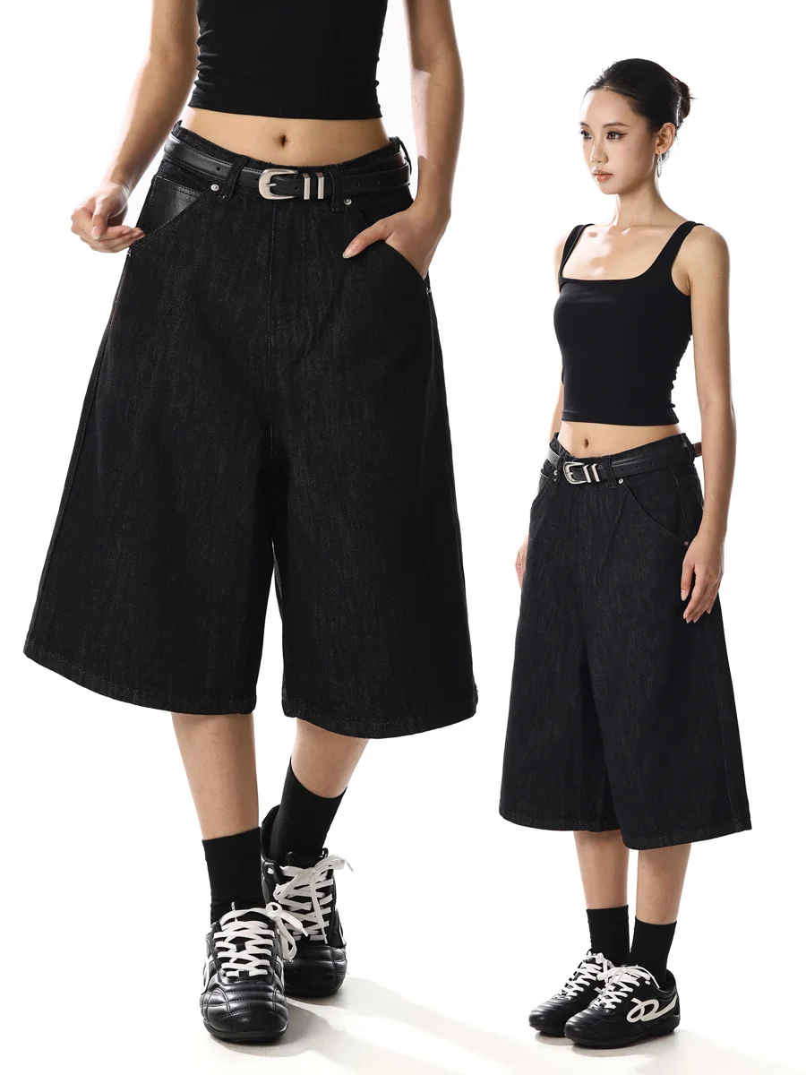 Calças Jeans Americanas Retrô com Bolsos, Modelo Solto de Perna Larga, Comprimento Sete Oitavos, Unissex, Novo Estilo de Verã...
