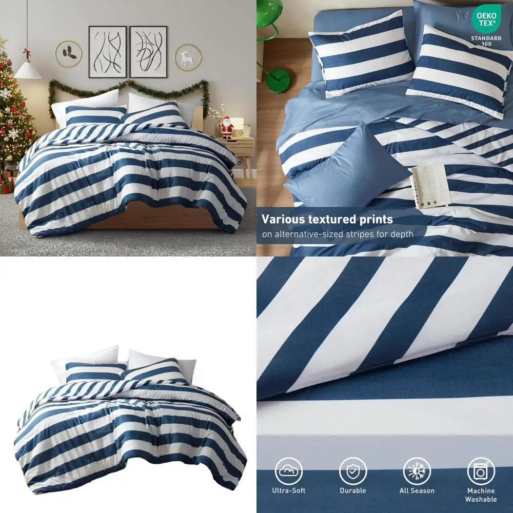 

Navy Blue Queen Size Striped Comforter Set, Double-Sided Microfiber Bedding, All-Season Warmth, 3-Piece with Shams