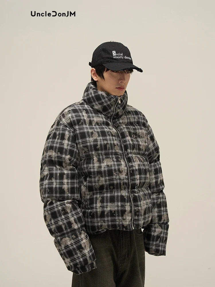 Plaid Puffer Jacket for Men\'s Bread Jacket High Street Coat Men Y2k Parka Hip Hop Men Clothing