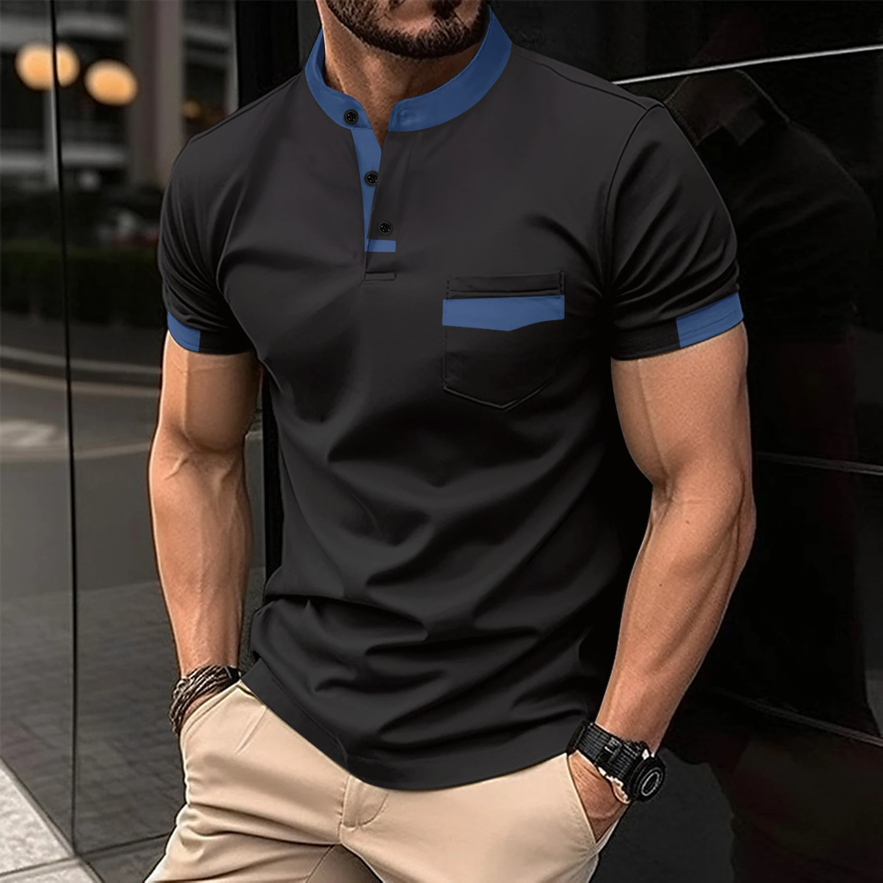 2024 Hot male stand collar solid color short-sleeved Henry shirt, chest pocket leisure entertainment men\'s POLO shirt