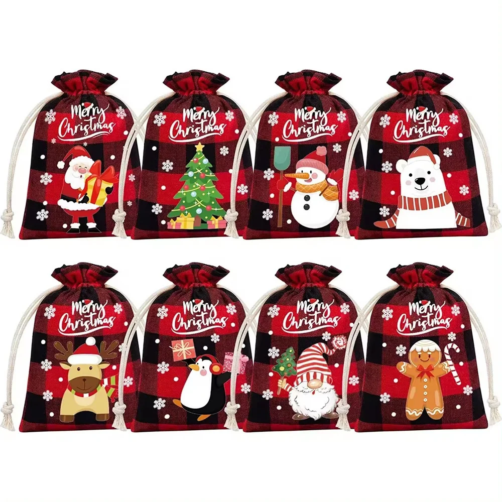 Christmas Linen Bag Xmas Gift Pouch Red Green Drawstring Candy Biscuits Storage Wrapping Boutique Jewelry Bags 2024 New Year