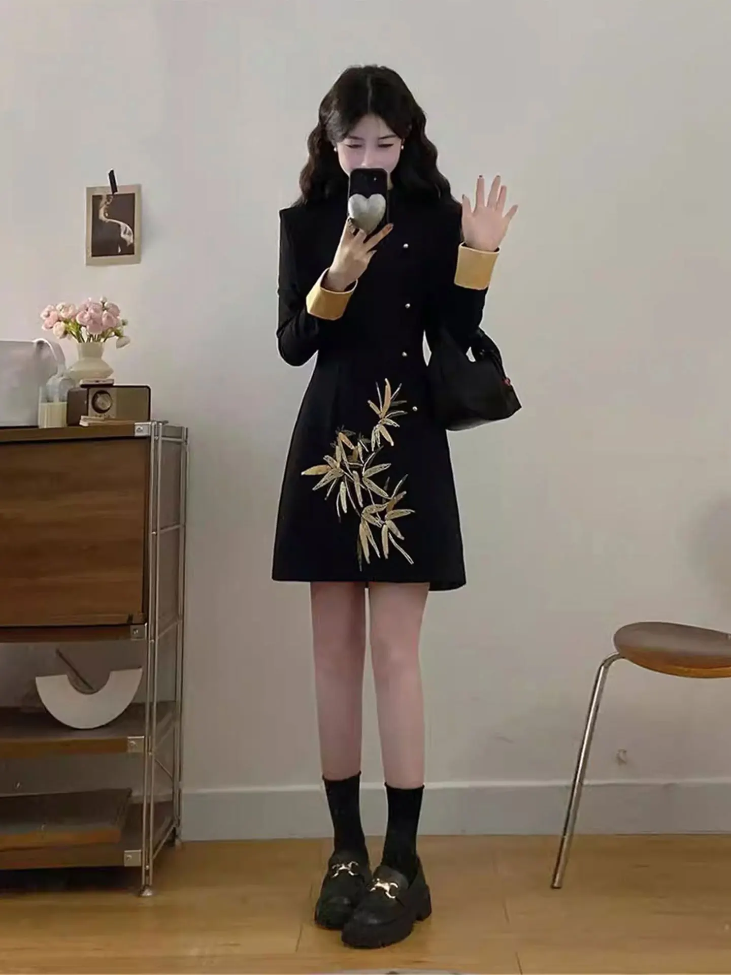 

New Chinese Sle Improved Ele Dr Autumn Winter New Large Size Fat MM National Sle Embroidery Little Bla...