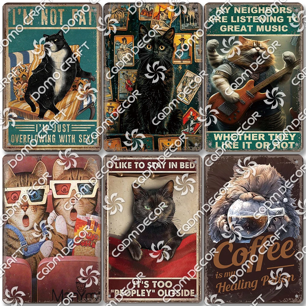 Funny Cats Tin Sign Metal Poster Black Cat Drink Coffee Metal Plates Retro Wall Art Decor for Cafe Kitchen Bathroom Home
