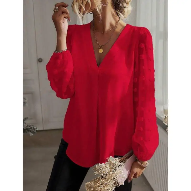 

Loose Casual Pure Color V-ne Lantern Sve irt S 3908 New Cross-border Sle Women's Faion irt Seven-quarter Sve