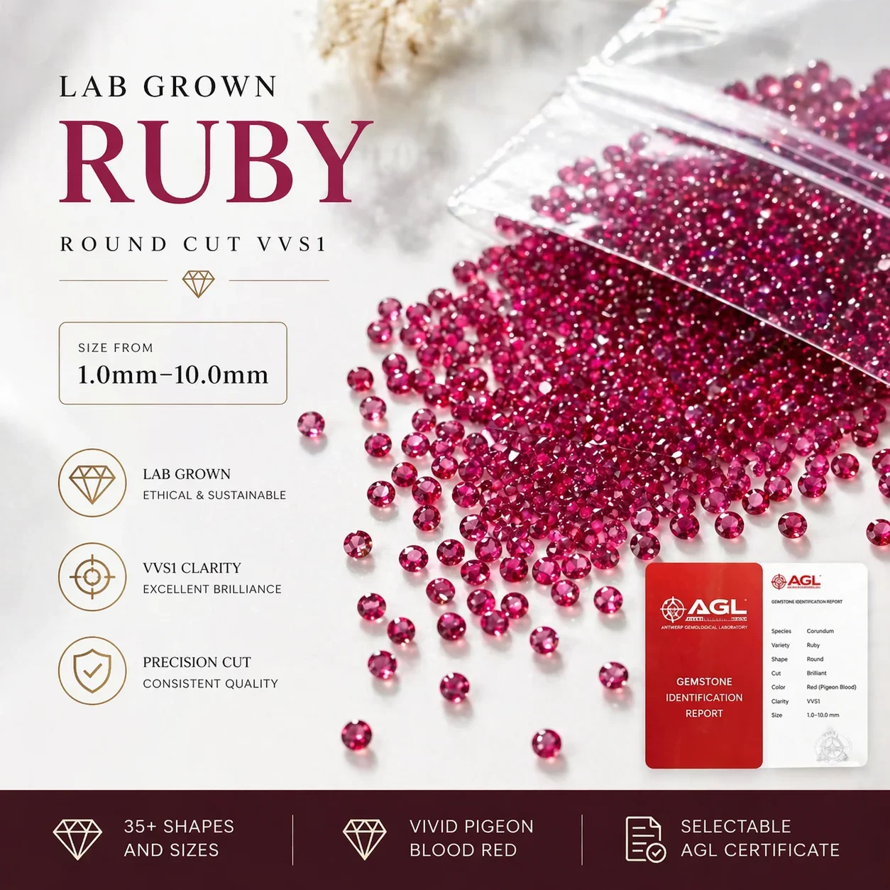 

Laboratory Gemstone Round Cut Red Color Top Quality Charm Beads for Diy Jewelry Making Rings Selectable AGL Certificate