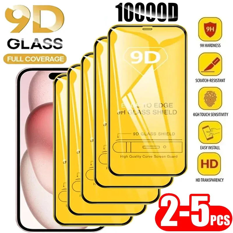 2-5PCS 9D Screen Protector Tempered Glass for IPhone 15 14 13 12 11 Pro Max Protective Glass for IPhone X XR XS Max 7 8 14 Plus