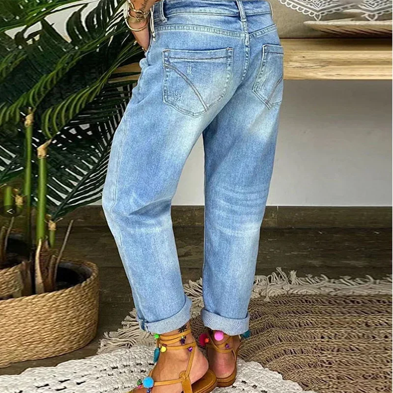 Fashion Women Broken Holes Straight Jeans Single-breasted Splicing Denim Pants Female Washable Trousers Daily Casual Streetwear