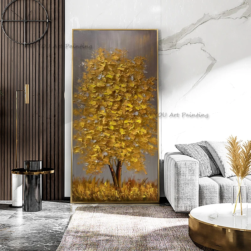 Handpainted Gold Money Tree Large Knife Oil Painting On Canvas Modern Wall Art Home Decor For Living Room