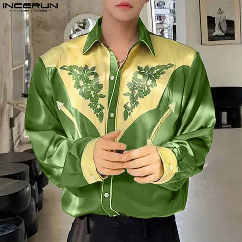 INCERUN Tops 2024 Fashion Men\'s Patchwork Color Contrast Printed Shirts Casual Personality Male Lapel Long Sleeved Blouse S-5XL