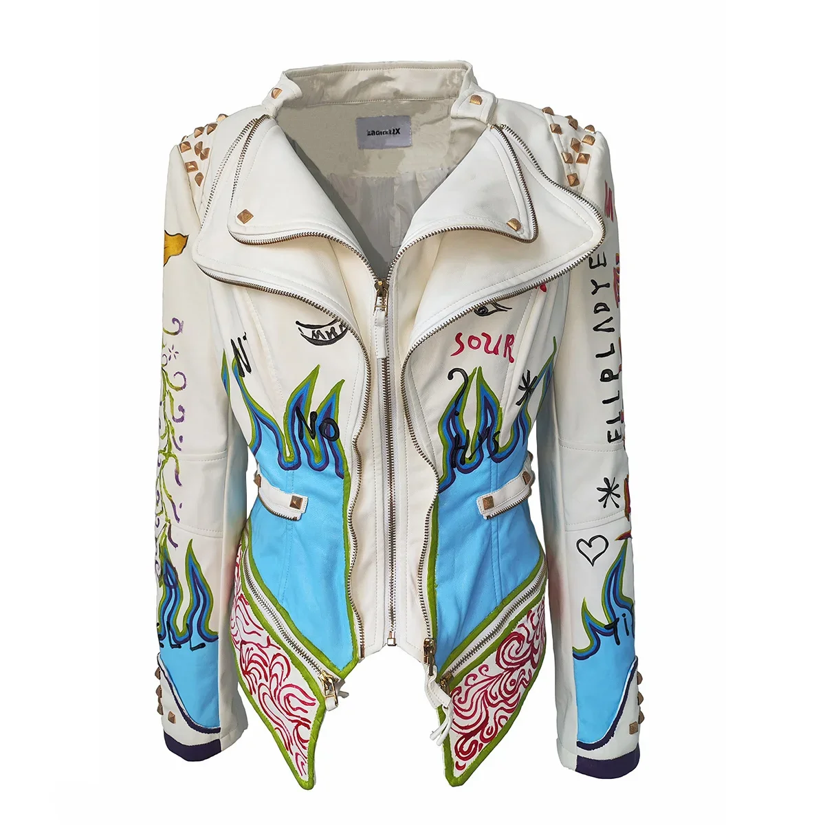 Women's New PU Faux Leather Jacket Rivet Fashion Hand-Painted Flame Eagle Pattern Slim Fit Steampunk Motorcycle Outerwear Coat