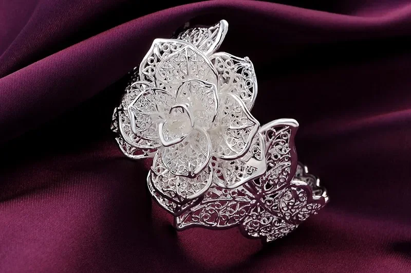 Special offer 925 sterling Silver fine big flower wide bangle Bracelets for Women adjustable Fashion Party Wedding Jewelry Gifts