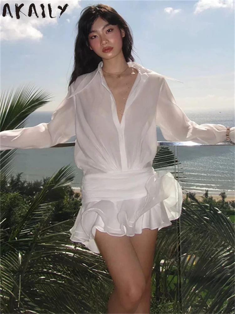 Akaily Autumn White Elegant Women Shirt Dress Beach Holiday Outfit 2024 Sexy Mesh See Through Tiered Dresses Ruffles Mini Dress