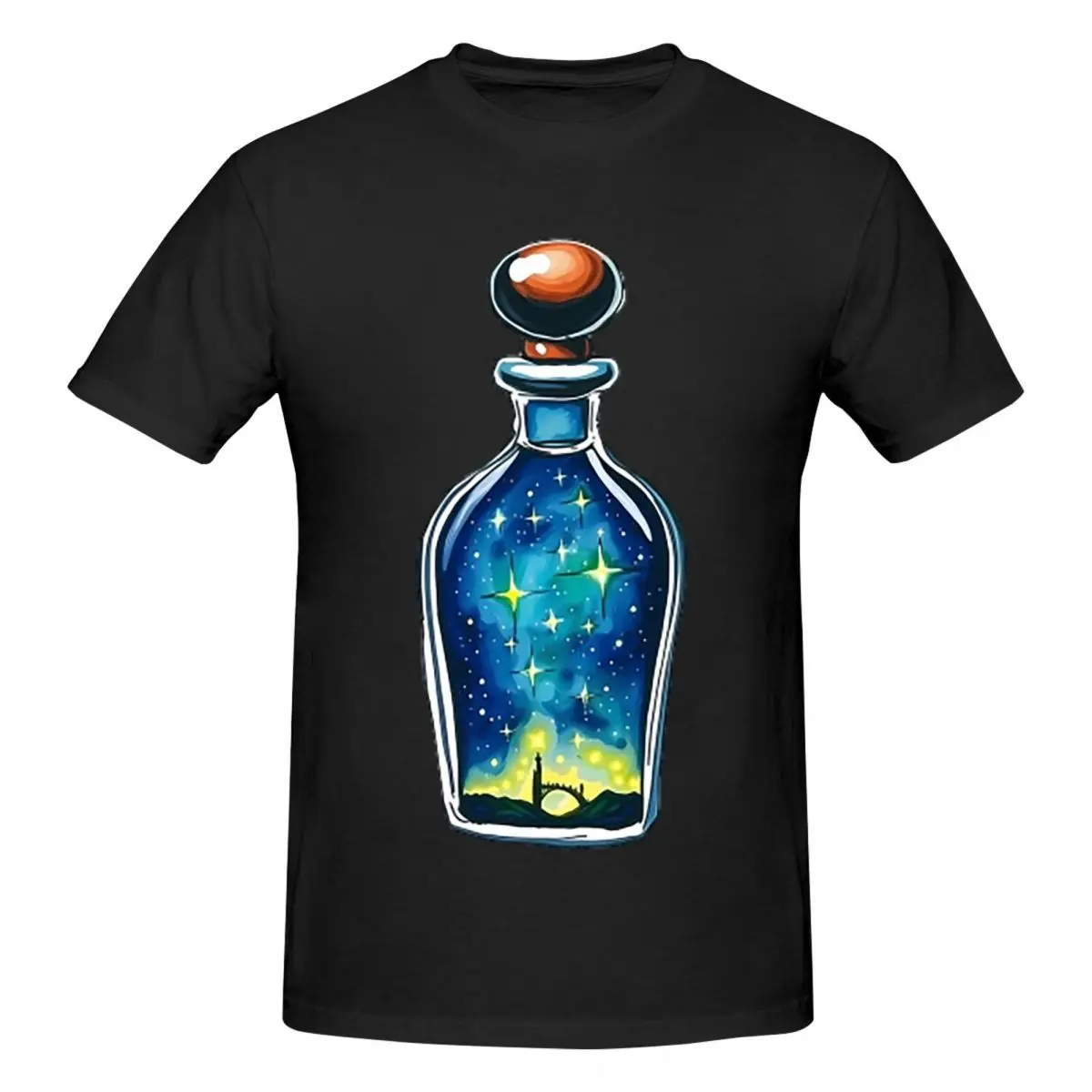 Starry Night Scene Encased In A Decorative Bottle Men T-Shirt Plus Size T Shirts Men's Crew Neck Cotton Tees Short Summer Male