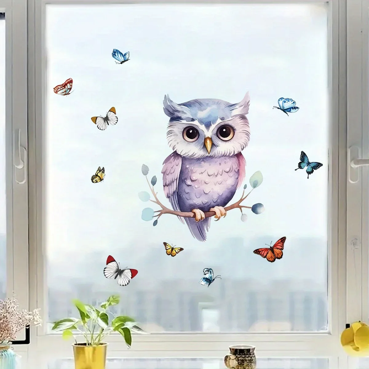 Cartoon süße Eule farbige Schmetterling Zweige Tier Fensteraufkleber für Schlafzimmer Dekor Wohnzimmer Kinderzimmer Dekoration Wandtattoos