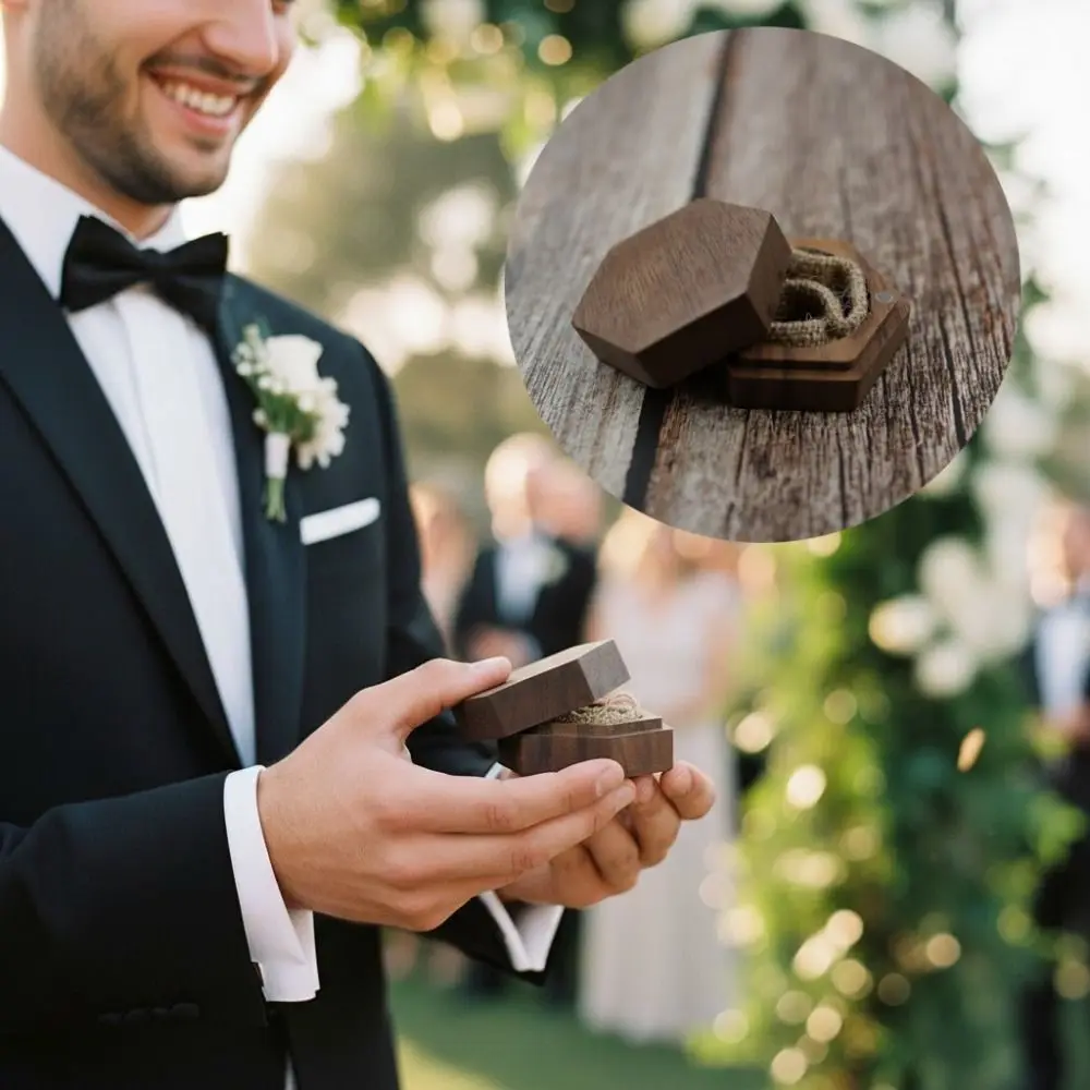 Elegant Hexagon-shaped Wedding Ring Box Jewelry Display Jewelry Storage Wooden Ring Box Inner Bag Ring Gift Box Gift