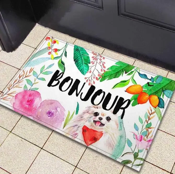 New Stylish Tropical French Bienvenue Welcome Mat for Front Door Chic Bonjour Hello Rubber Doormat Floor Rug Carpet for Hallway