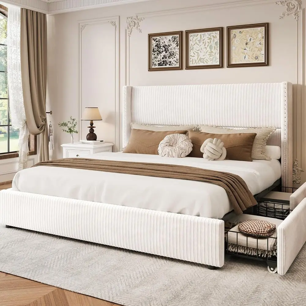 

Queen Size Upholstered Platform Bed with 4 Storage Drawers, Corduroy Stripe, Solid Wood Legs, No Box Spring Needed, Noise-Free,