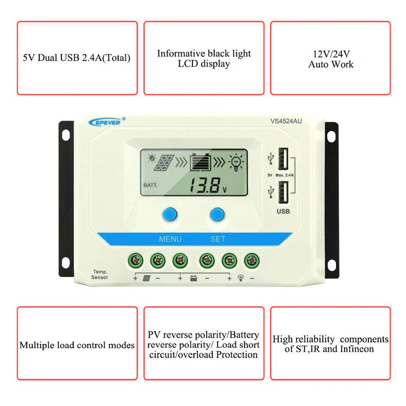 EPEVER 60A 45A 30A 20A 10A PWM Solar Charger Controller 12V 24V 36V 48V Auto Solar Panel Regulator With Backlight LCD Dual USB