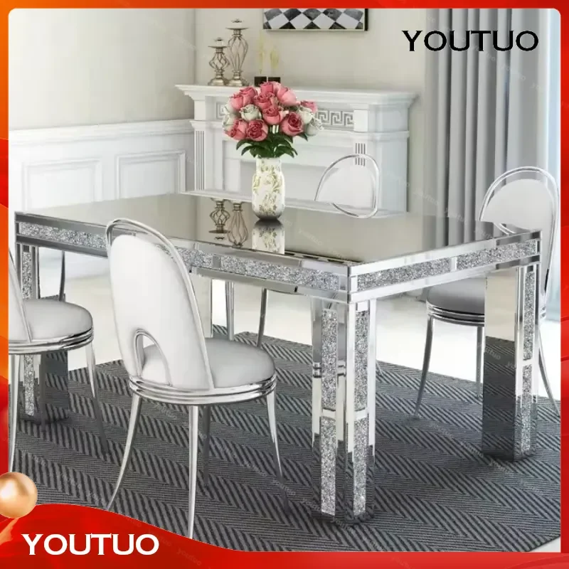 Modern Mirrored Glass Dining Table with Four Legs Rectangular Crystal Top Broken Diamond Design   Family Hotel Use