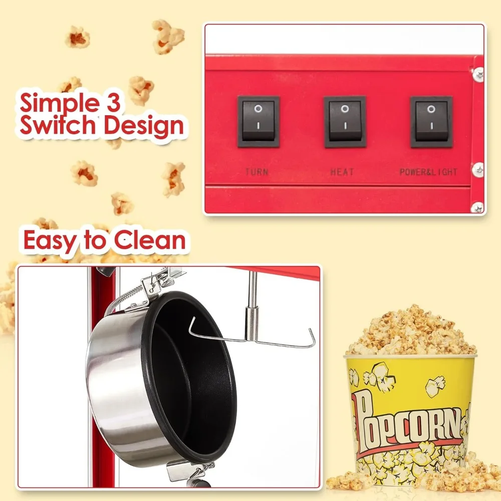 Popcorn Machine for Movie Night, 8OZ, with 10 PACK Popcorn Buckets, Poppers Machine Maker for 60 Cups for Batch,  Movie Theater