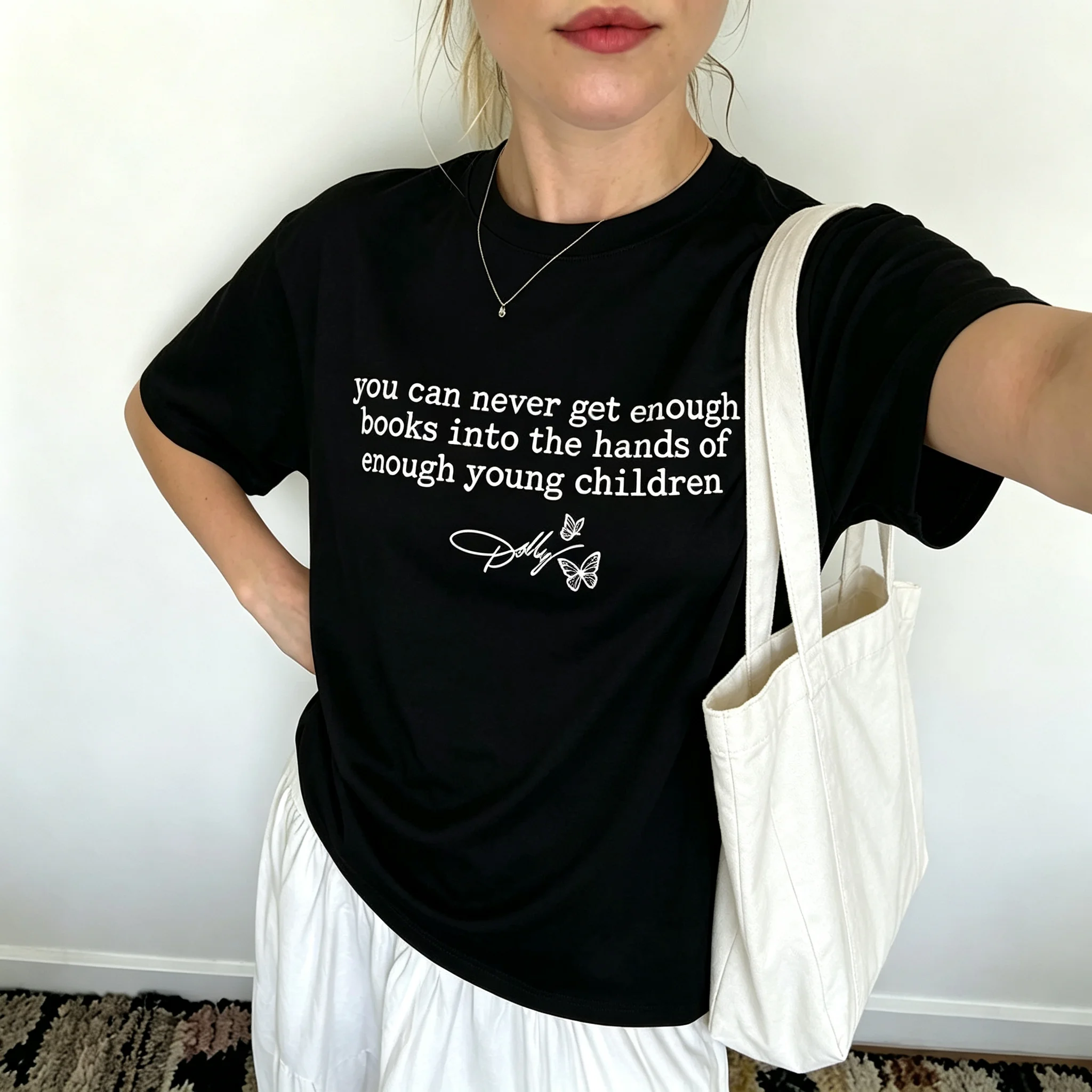 Women Book Quote Graphic T Shirt Dolly Signature Butterfly Print Crew Neck Casual Short Sleeve Tee For Book Lovers Teacher Gift