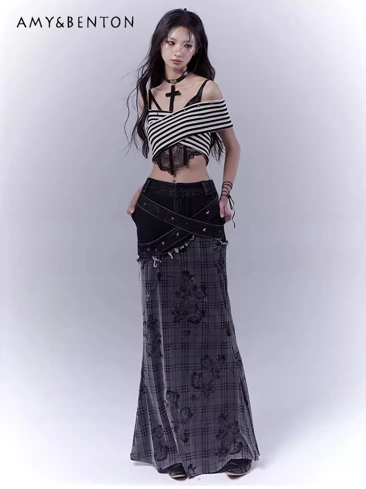 Originele geruite retro rozenprint denim stiksels veelzijdige rok vrouwen subcultuur goth hoge taille fishtail rok straat y2k rok