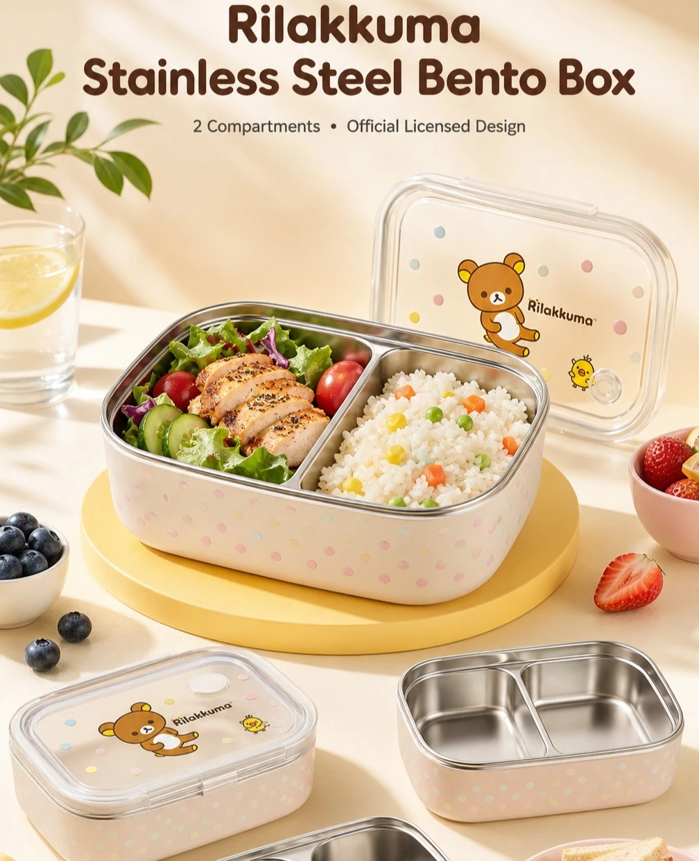 Kawaii 1200ml Japanese Rilakkuma Stainless Steel Lunch Box Divided Lunch Box Student Lunch Box Portable Picnic Sealed Box