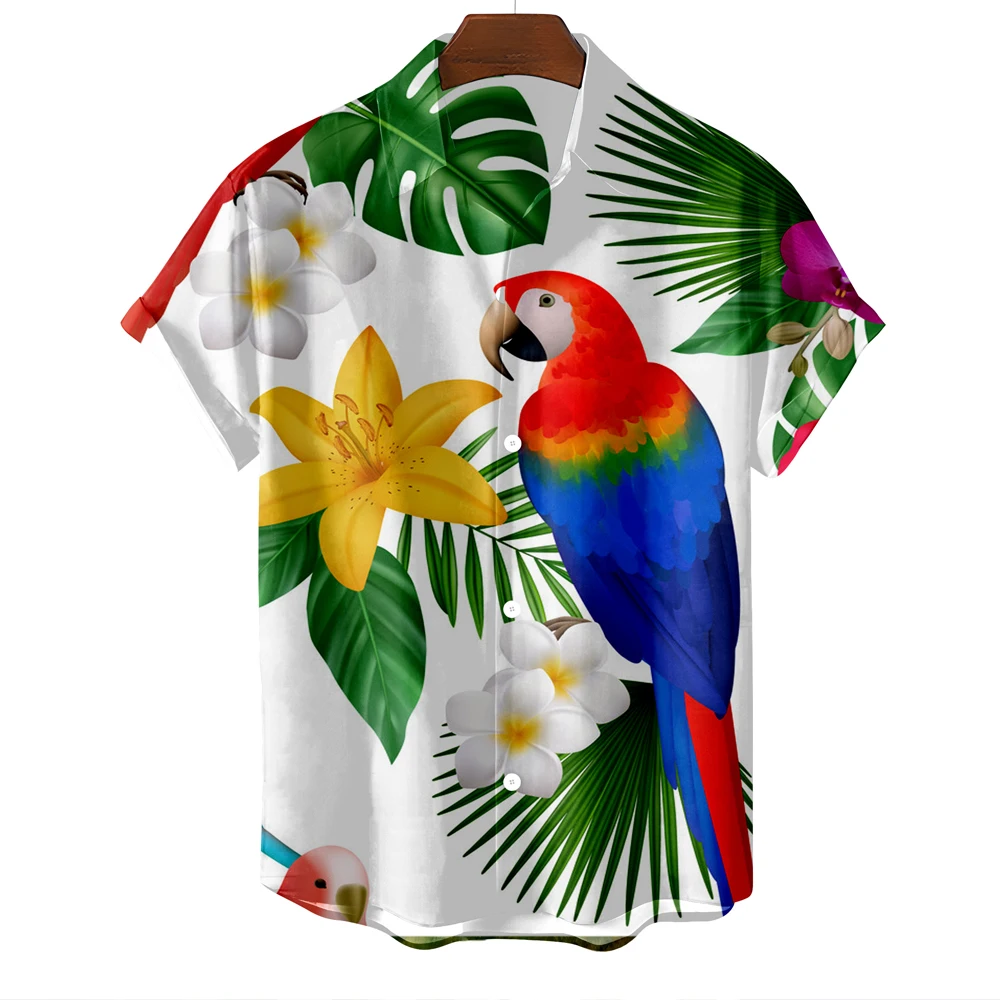 2023 Men's Hawaiian Flamingo Printed Shirt  Collar Fleece Lined Thickened Special Wide Fit Autumn Season Men's Shirt
