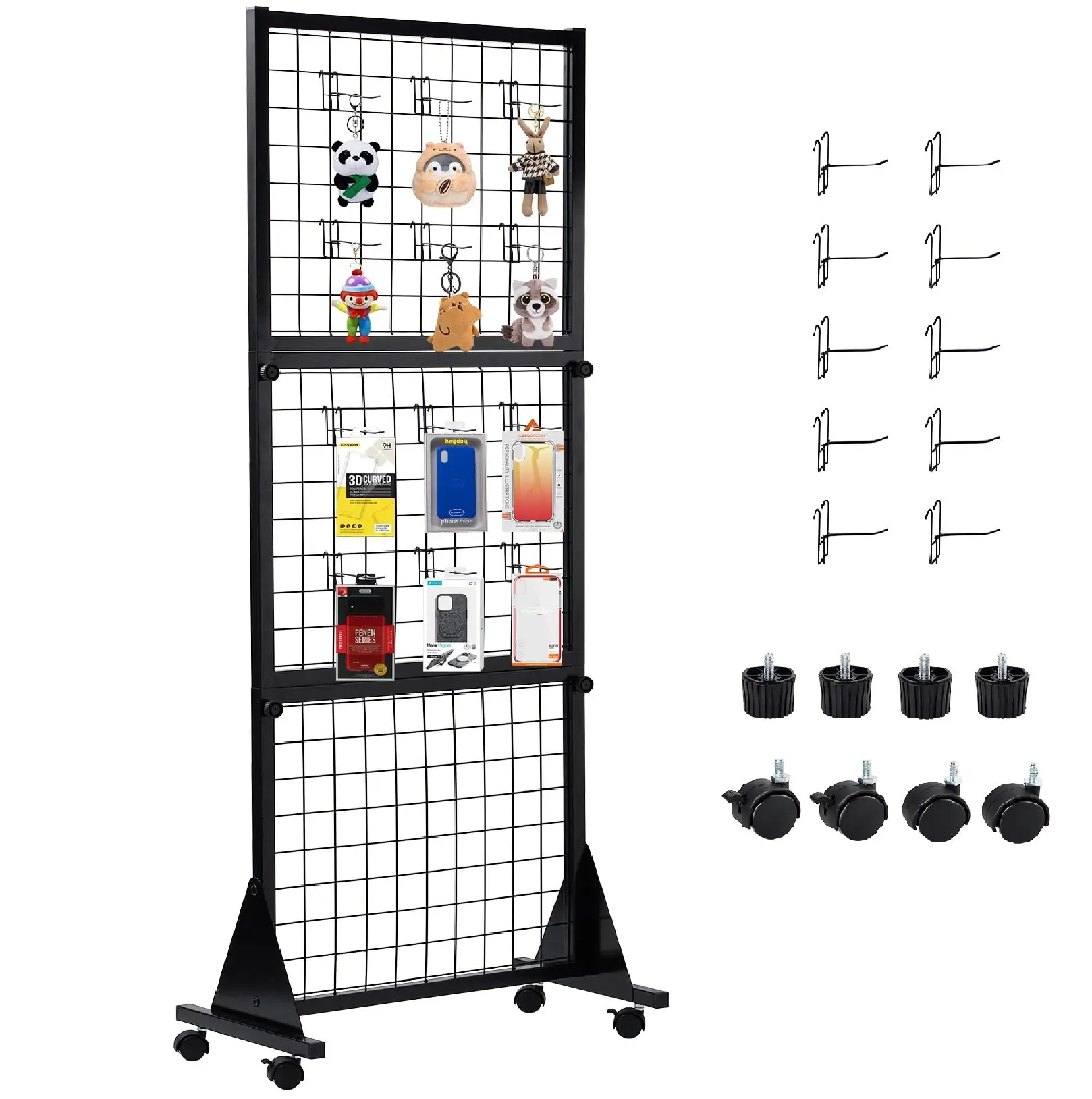 3 Layers Grid Wall Panels with Stand 5.25' x 2' Heavy Movable Wire GridWall Panel Tower with T-Base Floorstanding on Wheels