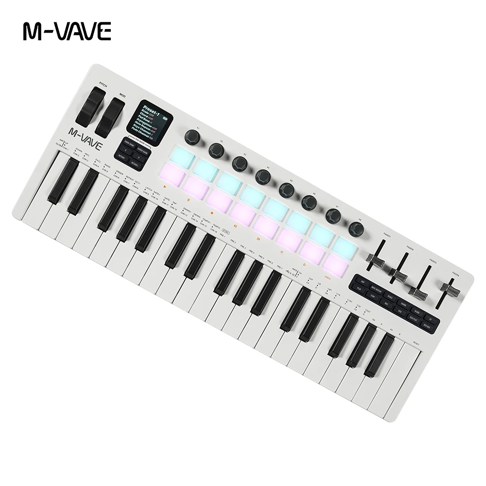 M-VAVE SMK-37 프로 MIDI 컨트롤러 화이트 키보드 16 RGB 패드 8 노브 소프트웨어 음악 제작용 호환