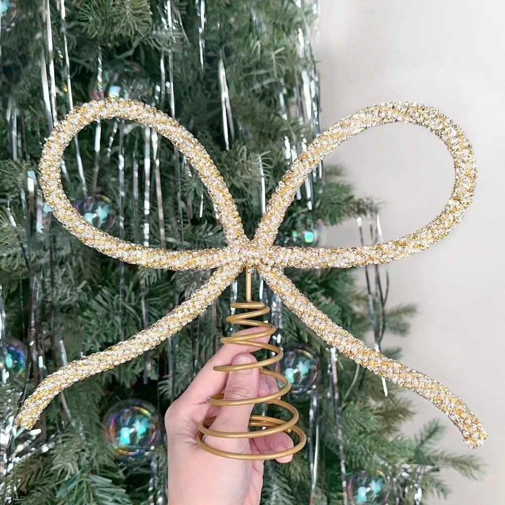 Rhinestone Bow Christmas Tree Topper Gold/Silver Extra Large Xmas Tree Ornament Decorative Props Metal Christmas Decoration