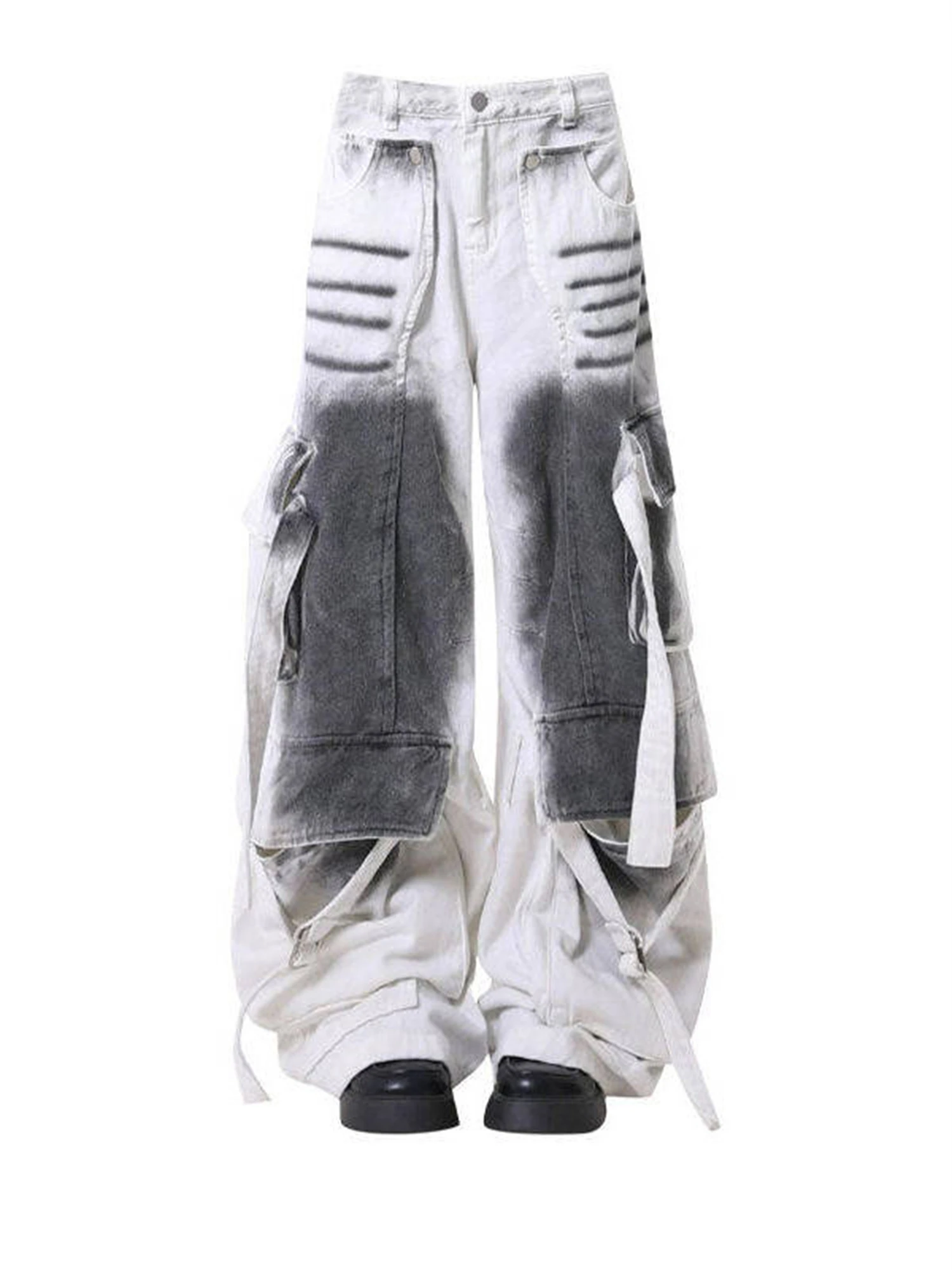 

Women's Black White Gradient Oversized Wide Leg Denim Jeans Multi Pockets Distressed Detail Edgy Casual Streetwear Ladies Pants