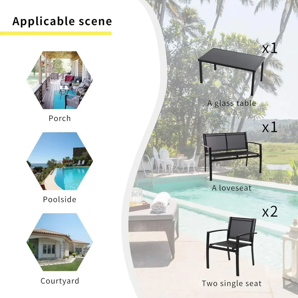 4 Pieces Patio Furniture Set All Weather Textile Fabric Outdoor Conversation Set, with Glass Coffee Table, Loveseat, 2Chairs