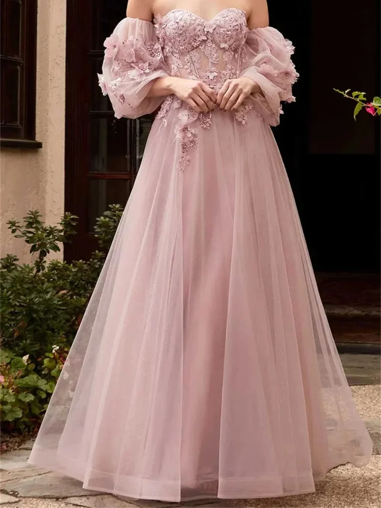 Flower Ball Formal Off the Shoulder Dress with Fluffy Sleeves A-line Tank Top Princess Sparkling Pink Tulle Ball Dress