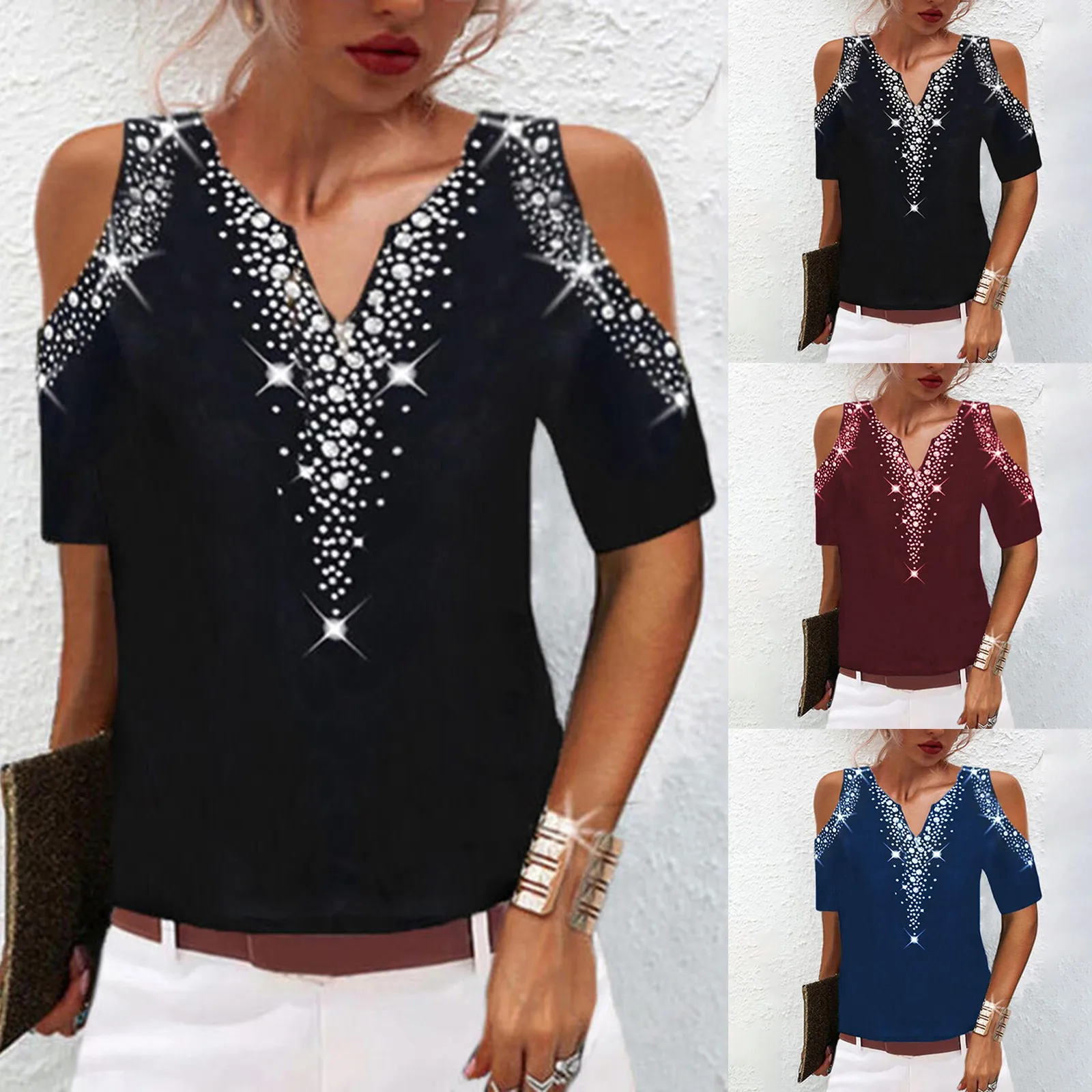 Women Sequined Print Tops Summer Short Sleeve Cold Shoulder V Neck Printed Club Party Shirts Elegant Casual Loose Tee Tops