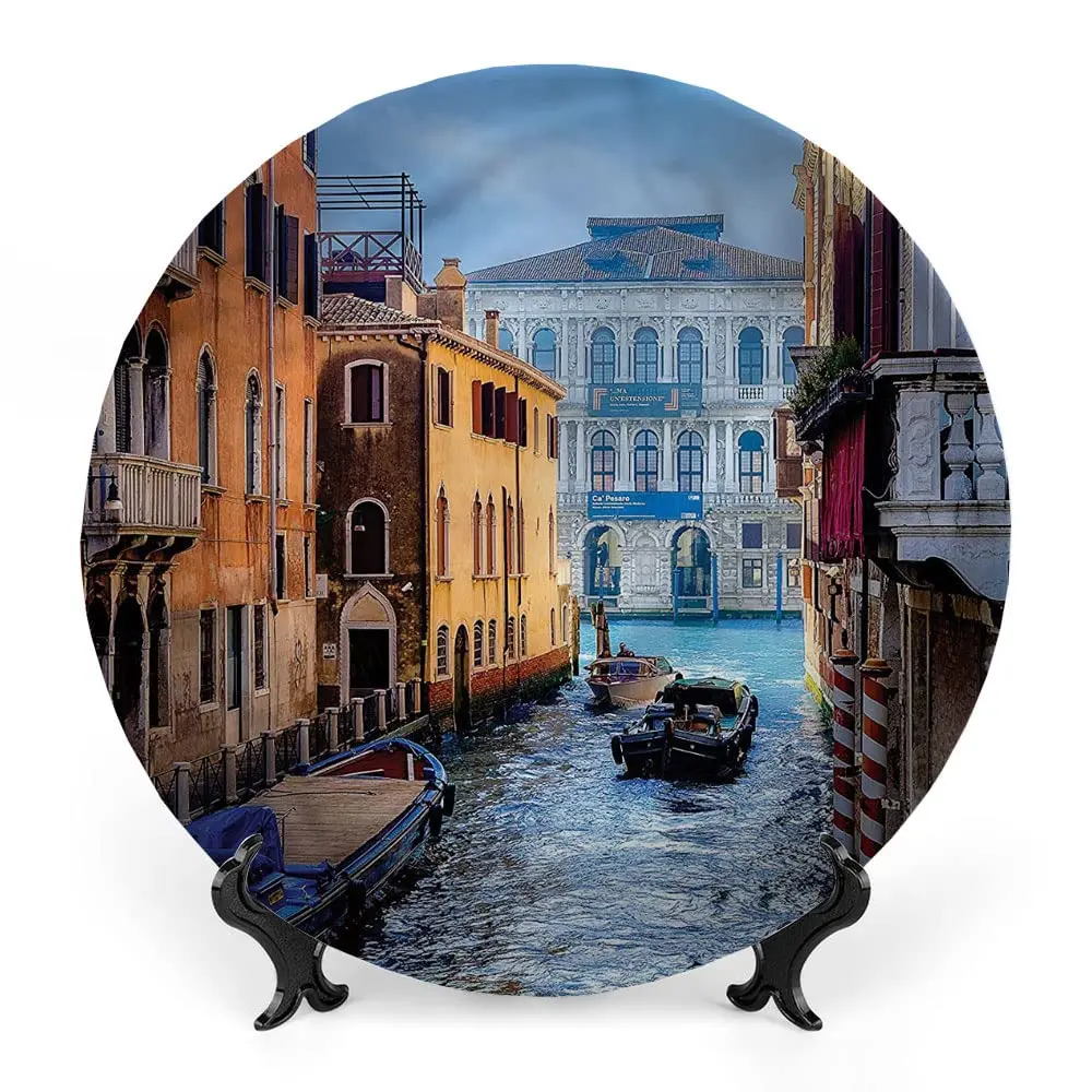 City Decorative Ceramic Plates, Ceramic Plates, Decorative Dish with Stand, for Display Handmade Ceramic Wall Hanging Decors