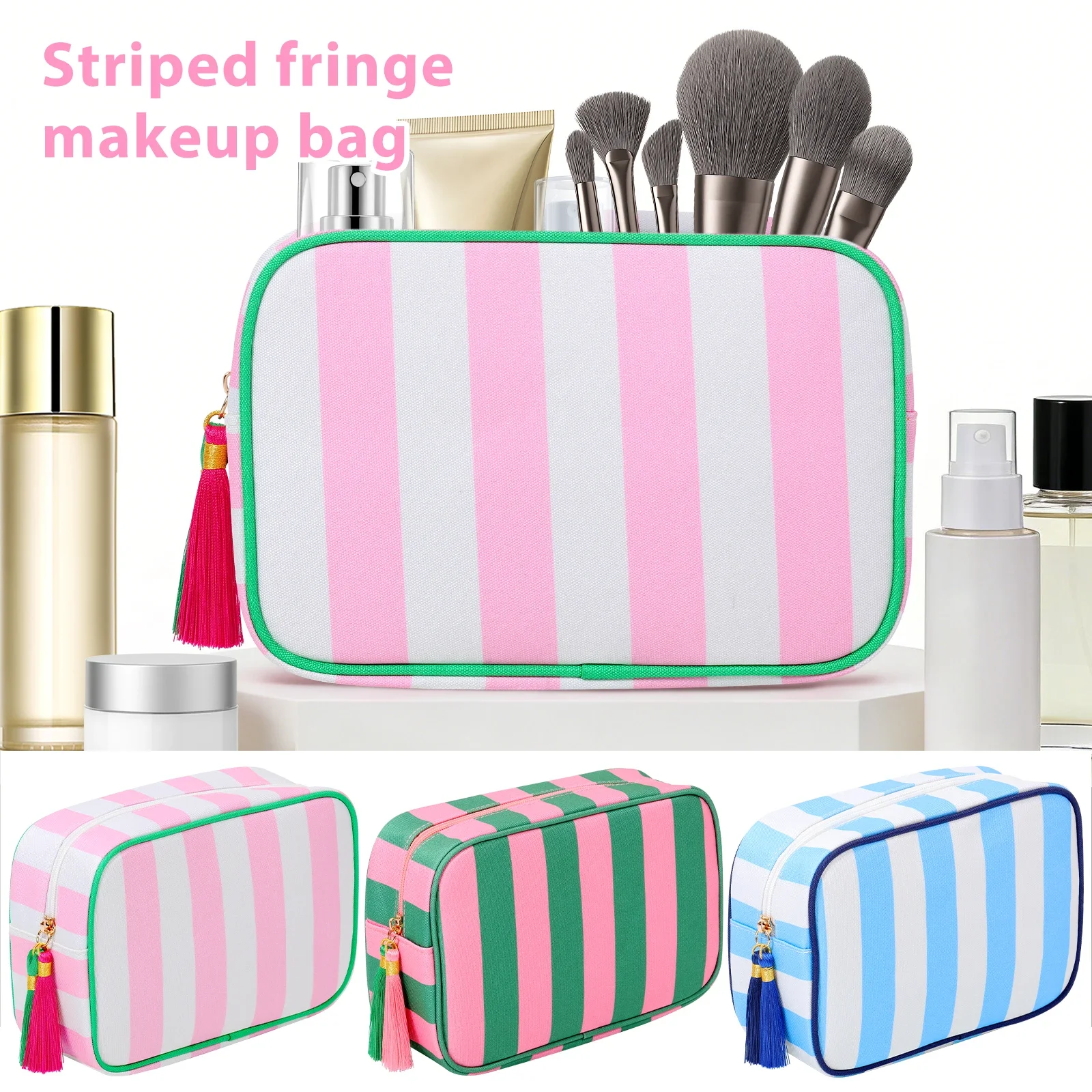 

Дорожная косметичка с кисточкой, портативная сумка для туалетных принадлежностей на молнии, модная полосатая многофункциональная сумка для хранения косметики и средств по уходу за волосами