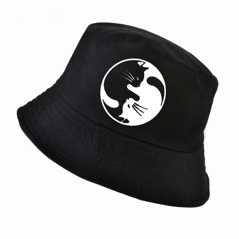 

Yin Yang Cat bucket hat Funny Cartoon Animal fisherman hats harajuku pop panama fishing cap