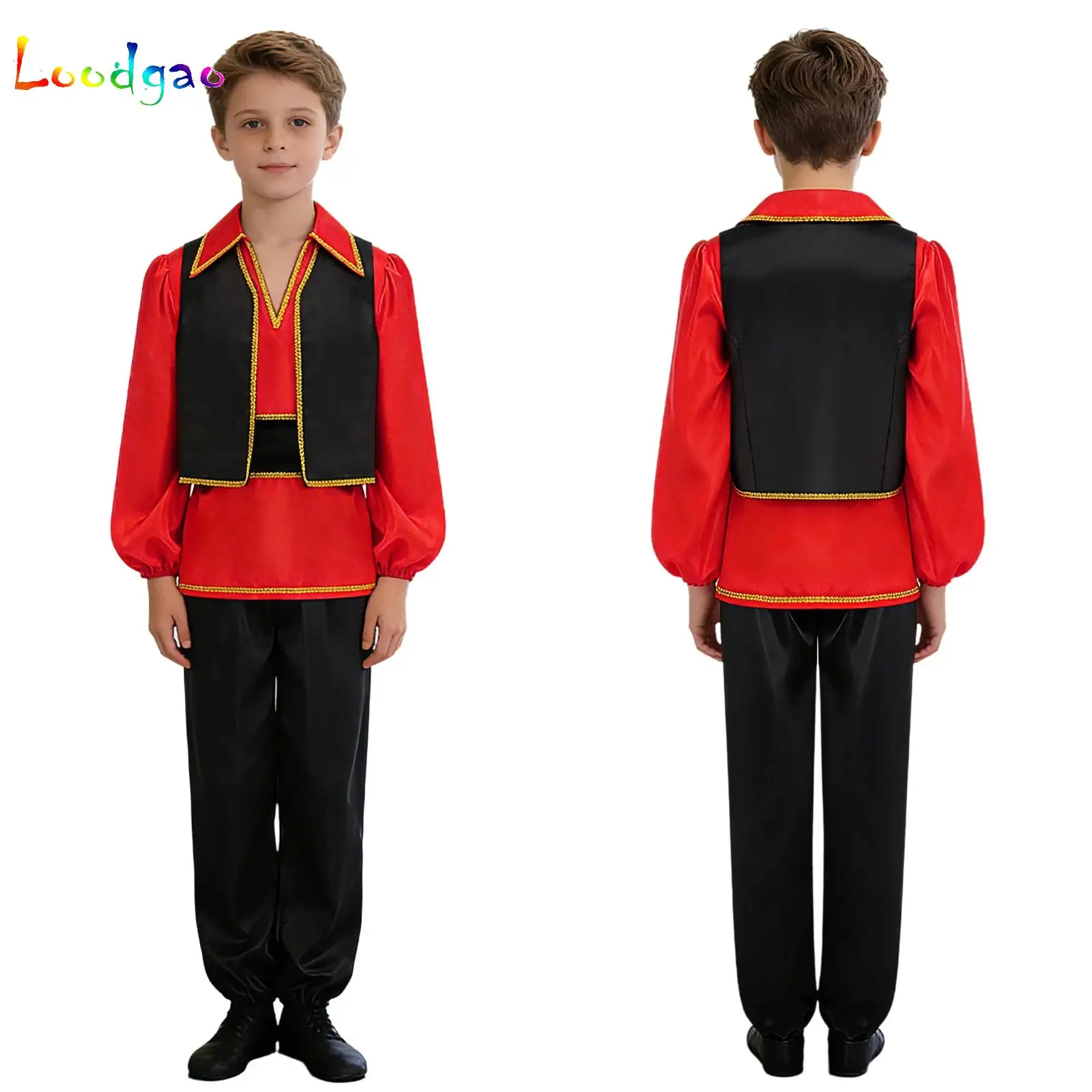 Kids Boys Flamenco Dance Outfit Long Puff Sleeve Shirt with Belt Pants for Modern Jazz Latin Figure Skating Dancewear Costume