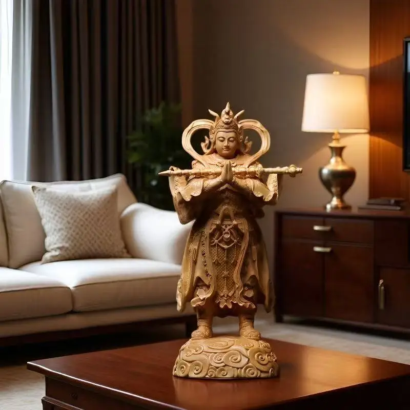 Wood Carving Guardian Door God Venerable Weituo Statue Luxury Home Living Room Office Wealth Luck Feng Shui Decor Statue 11.7 in