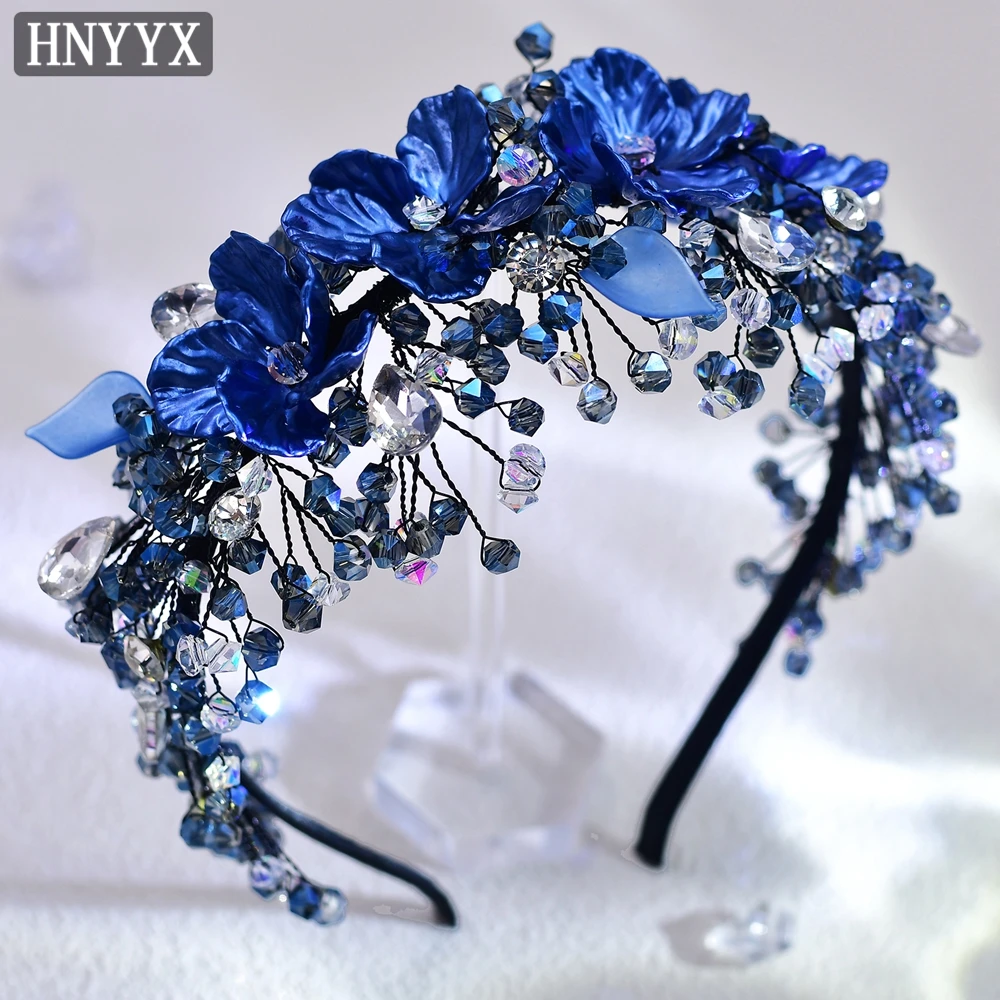 Imagem -05 - Hnyx-cristal Azul Frisada Headband Aros de Cabelo Vintage Tiara de Casamento Cocar Frisado Shell Flor Acessórios do Partido A126