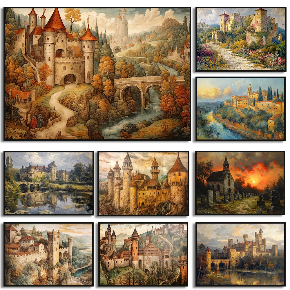 Fransız ortaçağ krallık kale Retro koyu gotik kilise Poster ve baskılar tuval baskı duvar sanat resmi oturma odası dekor için